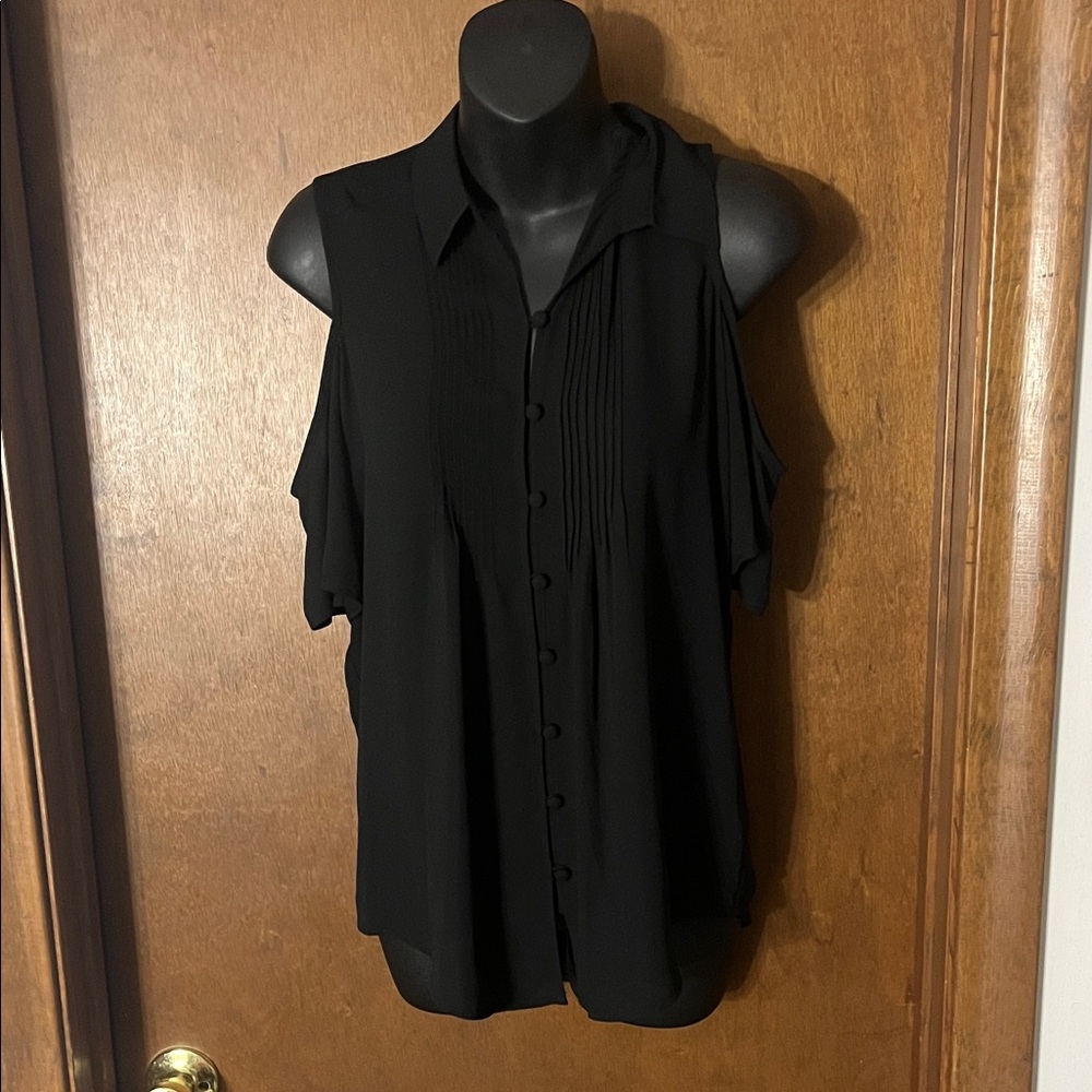 Express Black Cold Shoulder Button-Front Blouse W… - image 1